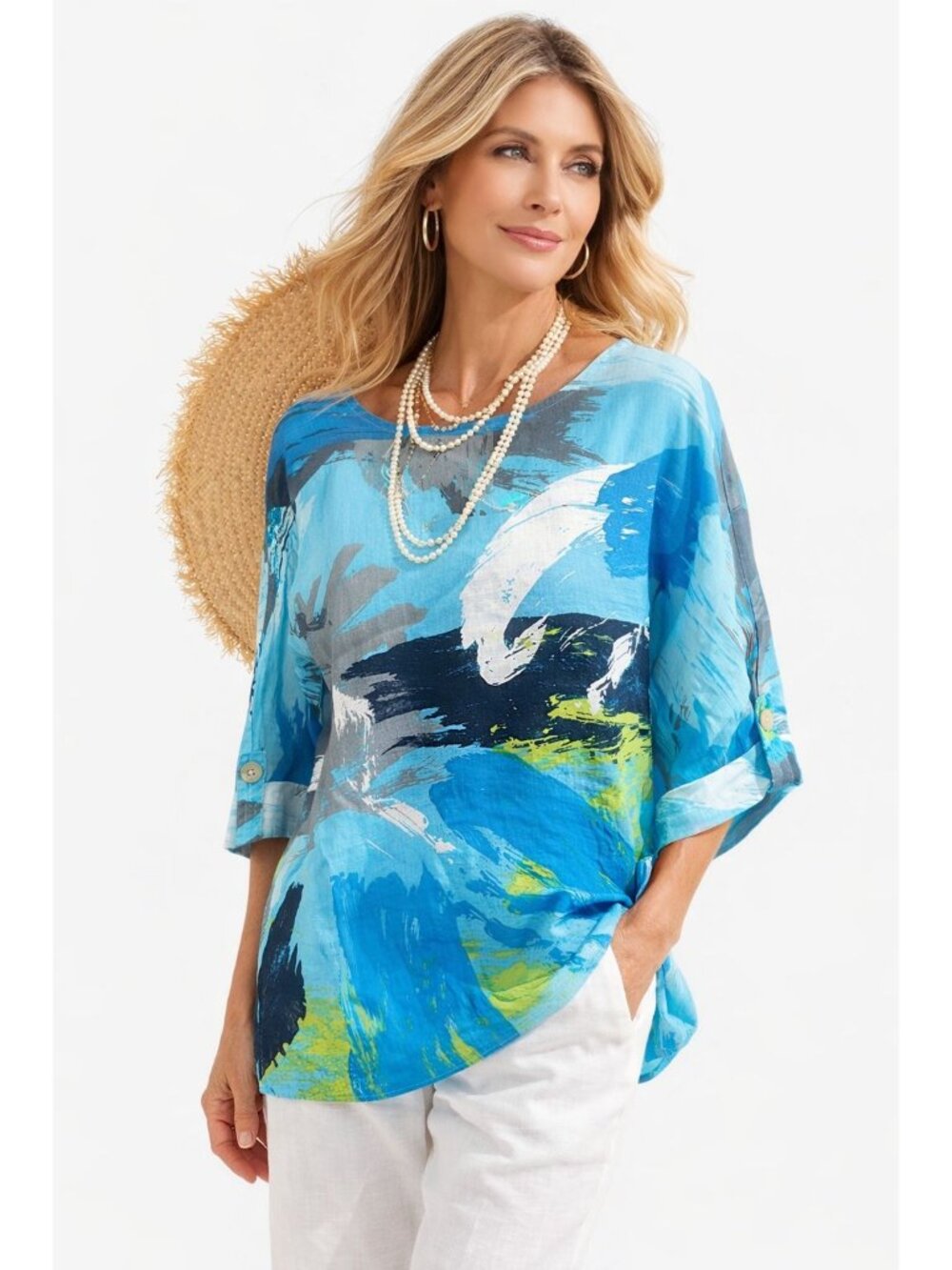 Ali Miles Womens Abstract Print Linen Top Button Back Sleeve Sustainable Artsy S